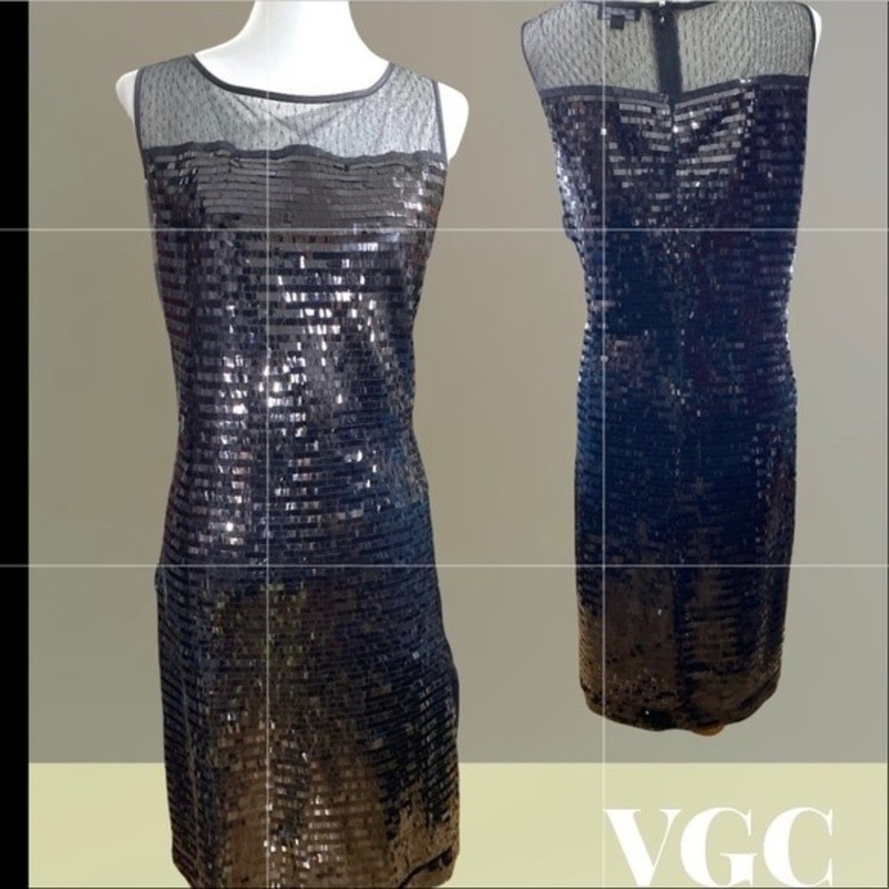 BLACK mesh shoulderS  full sequined black sheath dress Sz 16